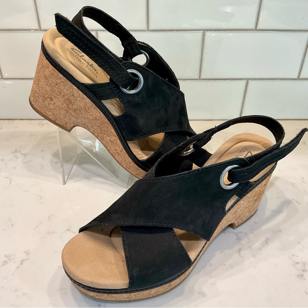 Clarks Black and Tan Wedge Sandals
